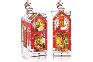 Enhon DIY Christmas Book Nook Kit, 2024 New 3D Wooden Puzzle Bookend Miniature Dollhouse with Auto-change LED Lights,Bookshelf Booknook Bookcase Insert Decor,Gifts for Adult Teens Beginners to Build