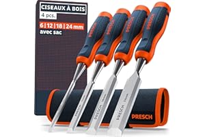 Presch Ciseaux à bois 4pcs. avec sacoche (6, 12, 18 & 24mm) - Parfaitement aiguisé pour utilisation immédiate - Avec un angle de 25° et un capuchon métallique robuste