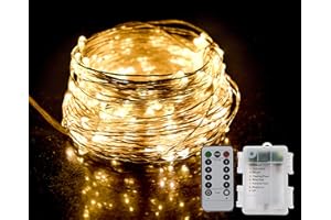GHJ LED Battery Operated Remote Control Rainproof Silver Wire String Fairy Lights Indoor/Outdoor for Christmas Tree Xmas Garden Party (100LEDs, Warm White)