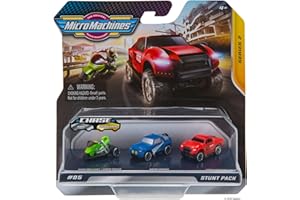 Micro Machines Pack de démarrage, Stunt - Comprend 3 véhicules, Une Moto et des Voitures de Course, Une Chance Rare - Collection de Voitures Jouets