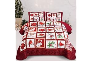 Luxudecor Weihnachts-Steppdecken-Set, Queen-Size-Größe, Kardinalvögel, Steppdecke, Weihnachtsstern, Stechpalme, Mistelzweig, Patchwork, Tagesdecke, Bettwäsche-Set, weiche Mikrofaser, Bettbezug mit