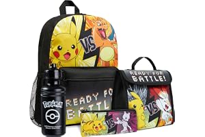 Pokemon Kids Backpack 4 Piece Set School Supplies Rucksack Insulated Lunch Box Kids Pencil Case BPA Free 500ml Water Bottle Pikachu Back to School Gifts for Boys