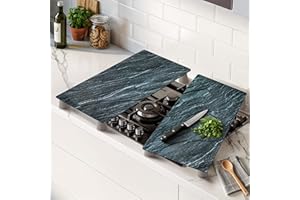 Universal Gas Electric Induction Hob Covers | Set of 2 Glass Hob Cover for Gas Electric Stove Cookers | Large Chopping Board Worktop Savers for Kitchen - Kinway (Black Marble Design)