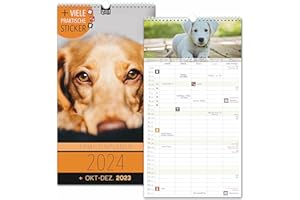 ‎SPIELEFABRIK Familienkalender 2024 5 Spalten HUNDE Familienplaner 2024 und Okt-Dez 2023 Wandkalender 23 x 43cm Planer für Familie 2024 Wandplaner Sticker Abfall Urlaub süß niedlich Tiere Welpen Dogs Fotos