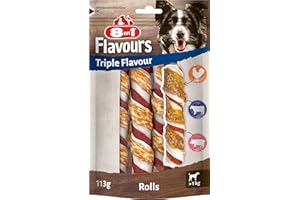 8in1 Triple Flavour Rolls Chew Sticks for Dogs - Chew Snacks with Extra Meat, 113 g Pouch (Pack of 3)