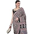 AKHILAM Women's Ajrak Block Print Dola Silk Saree With Unstitched Blouse Piece