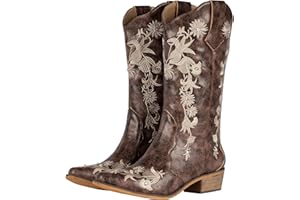 SheSole Women's Western Country Wedding Cowgirl Cowboy Boots Wide Calf Floral Embroidery Rhinestones Brown
