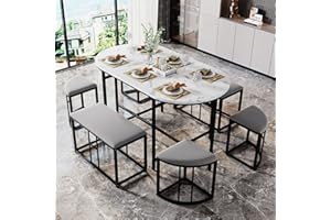 KAYAN Esszimmergruppe mit Esstisch und 6 Essstühlen (4 kleinen Hockers und 2 großen Hockers), Essgruppe für 6 Personen, Esstisch Set für Wohnzimmer Küche, 140 * 70 * 76cm (Schwarz)