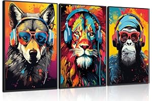 WSTUKVV Lot de 3 affiches de graffiti d'animaux avec casque et lunettes de soleil, gorille, tigre, loup, impression sur toile colorée, peintures graffitis pour adolescents, décoration murale sans cadre