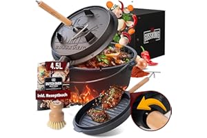 ‎GUSSKÖNIG GUSSKÖNIG Dutch Oven Set - Eingebrannter DutchOven 4,5 Liter - Feuertopf Gusseisen mit Füßen - Schmortopf Doppelfunktion - inkl. 2in1 Deckelheber, Bürste & Dutch Oven Rezeptbuch [für 1-3 Personen]