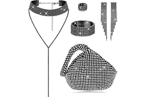 Kakonia 6 Pieces Women Crystal Jewelry Set Rhinestone Choker Necklace Stretch Bangle Bracelet Ring Dangle Fringe Earrings Triangle Glitter Bling Purse for Bridal Wedding Party