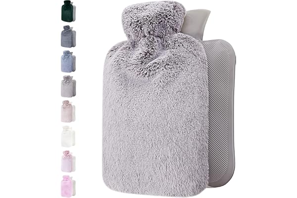 Bouillotte avec Housse en Peluche - Housse en Peluche Moelleuse et Douce - Grande Capacité 1,8 L - Bouillotte Eau Chaude pour Soulagement de la Douleur & Nuits Chaudes Cosy - Gris Clair