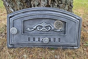 SEZAM Backofentür aus Gusseisen mit Thermometer 500 °C, nach rechts öffnend, Pizzaofentür - Brotofen - Steinofentür, 48,5 x 6,5 x 27,5 cm - halbrund, altsilberfarbene Bemalung