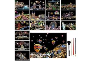 BSHAPPLUS 16Pcs A4 Scratch Art Paper for Kids Adults, Rainbow Night View Scratch Template, Scratching Cards Kit with World Famous Landmarks & Fireworks and 4 Tools for Christmas Birthday DIY Craft Toy Gift
