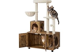 Yaheetech Cat Tree Tower with Litter Box Enclosure, All-in-one Cat Furniture Hidden Kitty Washroom Wooden Kitten House w/Condo, Scratching Posts, Perch Platform