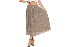 Parabler Rock Damen Chiffon Midirock Elegant Blumen Polka Dot Elastische Taille Sommerrock Lang Plisseerock mit Taschen