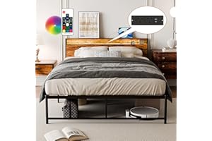 BEXEVUE 4ft6 Metal Bed Frame with Outlets LED Strip - Simple Double Vintage Iron Platform Bed, Storage Ergonomic Headboard, Modern Design High Footboard for Adult Large Space Living Room Bedroom Home