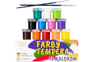 ‎CREATIVE DECO Creative Deco Tempery Zestaw Farb Plakatowych | 20 ml x 12 Kolorów | Zmywalne Farby dla Dzieci | Podstawowe Intensywne Nasycone Kolory | Bezpieczne i Nietoksyczne | Dobre Krycie i Matowe Wykończenie