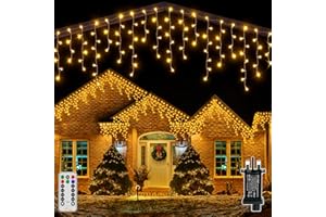 Ollny Icicle Outdoor Christmas Lights, 12.6M 504LED Waterproof Hanging Fairy Lights Warm White String Light, Plug/Remote/8 Modes/Timer/Connectable, Lighting Outside Gutter House Roof Xmas Decorations