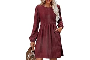 Zeagoo Kleid Damen Langarm Herbstkleid Elegant A-Linie Winter Kleider Rundhals Lockeres Strickkleid Knielang Tunikakleid mit Taschen