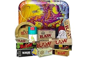 Regalo para fumadores Bandeja para liar 27,5 x 17,5cm + Cenicero RAW + Bote Antiolor THE BOAT + Papel Raw 1 1/4 Organic, Black y Classic + The Bulldog + Tips, Orgánico y Classic + Cono