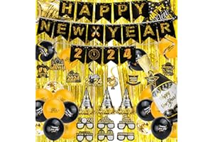 Cheloveer Silvester Deko 2024, Happy New Year 2024 Deko, Neujahr Deko, Happy New Year 2024 Banner, Fotorequisiten, Weinflasche/Stern Folienballon Silvester Für Silvester Deko 2024 Party Set