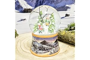 ‎MINIUM COLLECTION Schneekugel Weihnachten mit Musik | Nostalgische Skifahrer | Sockel Winterlandschaft Ocker| H: 14cm B: 10 cm | Schüttelkugel Wintersport Winter mit Spieluhr | 20275