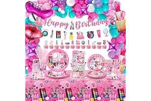 LSJDEER Spa Birthday Party Decoration - Makeup Party Favors, Plates Cups Napkins Tablecloth Happy Birthday Banner Balloons Arch Cake Toppers for Girls Women Slumber Pamper Spa Birthday Party Supplies (banner)
