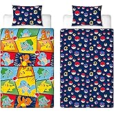 Official Pokemon Licensed Kids Duvet Cover Set | Pikachu Bulbasaur Charmander Squirtle Reversible 2 Sided Design with Matchin