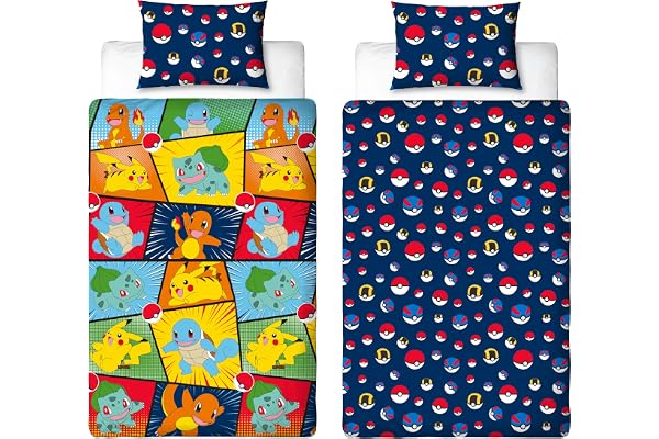 Pokemon officiellt licensierade påslakan för enkelbarn | Pikachu Bulbasaur Charmander Squirtle design vändbara 2-sidigt bäddset med matchande örngott