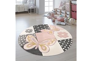 ‎PACO HOME Paco Home Teppich Kinderzimmer Junge Mädchen Kinderteppich Spielteppich Kurzflor Regenbogen Bauernhof Einhorn Schmetterling Hase, Grösse:Ø 200 cm Rund