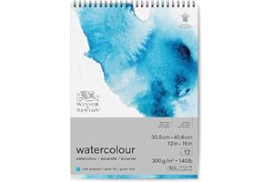 Winsor & Newton Papel de Acuarela Clásico, Grano Fino, 300gr, Mezcla de 25% Algodón y Fibras de Celulosa, Blanco Natural, Libre de Ácidos, 30,5 x 40,6cm, Bloc en Espiral, 12 Hojas