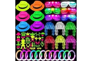 Aodaer 94 Pieces Neon Party Supplies kit Includes 6 Plastic Fedora Hats 6 Colorful Wigs 6 Flashing Light up Glasses 12 Glow Bracelets 44 Photo Booth Props 20 Hairpins for Glow Birthday Party Favors