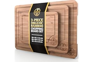 Deer & Oak 3-Piece Bamboo Chopping Board Set, Pre-Oiled Wooden Cutting Chopping Boards for Kitchens 33x24cm, 28x20cm, 22x15cm, with Side Handle and Grooves