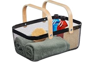 Relaxdays Cuadrada de Alambre Cesta de Almacenaje Rectangular Acero, Asas, Caja Organizadora de Metal y Madera, Cocina, Baño, Salón, Negro, 17.5 x 43 x 27 cm