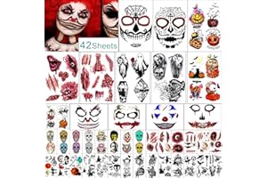Kaieteur 42 Feuilles tTatouage de Visage d'Halloween, Autocollant de Tatouage Collection de Citrouille de Crâne Tatouage Temporaire étanche pour Aultes et Enfants