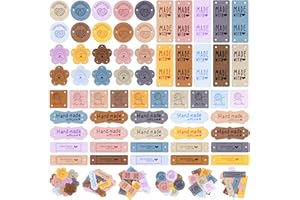 Tapvai Handmade Label Zum Annähen 60 Stück, Labels Zum Annähen PU-Leder, Label Handmade, Handmade mit Nieten mit Löchern für Häkelkleidung, Stricken, DIY Jeans, Taschen, Hüte(6 Stile 10 Farben)