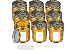 CREAHAUS 8.8oz Embossed Blinking Glass Candle Container, 9 Pack Electroplated Shining Candle Jar with Embossed Lid for Candle Making DIY Craft (Yellow Embossed)