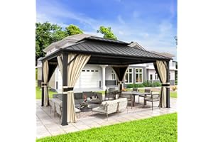 UDPATIO 3.65 x 4.85 m Gartenpavillon Wasserdicht Stabil Winterfest Hardtop Pavillon, Verzinkter Stahl Doppeldach Aluminium Pavillon mit Moskitonetz und Vorhänge für Garten, Terrasse, Rasen, Beige