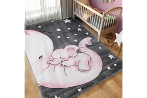 ‎CARPETTEX TEPPICH Carpettex Kinderteppich Elefant Design Pink 120 x 170 cm - Kurzflor Teppich Kinderzimmer für Mädchen und Jungen Pflegeleicht Weich - Waschbarer Spielteppich Babyteppich Gaming Teppich Babyzimmer