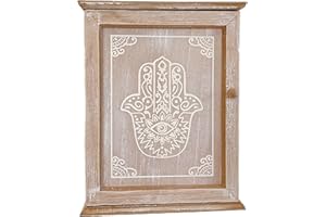 DAMDAM GO Caja Guardallaves de Madera Decorada Estilo Nórdico con 6 Colgadores de Pared - Mano de Fatima