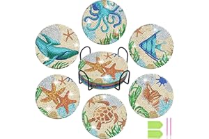 AUAUY Diamond Painting Coasters with Holder, 6 Pack DIY Aquatic Creatures Coasters DIY Diamond Art Craft Supplies for Beginners, Adults & Kids Art Craft Supplies for Birthday