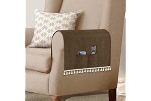 NATUROOM Armchair Covers for Arms with Tassel Sofa Arm Protector Cover for Pets, Cats, Recliner Arm Cover Armrest Cover Boho Decor Couch Chair Sofa Arm Covers with Pockets for Remote Control, Phone, Brown