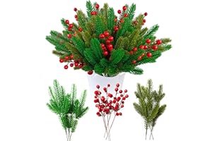 LUCKYCAO 60 künstliche tannenzweige ,dekorative Zweige mit Roten Beeren für Weihnachten winter deko Kiefernzweige künstlich wie echt Weihnachtsblumen Künstlich für tannengirlande Weihnachtsverschönerung