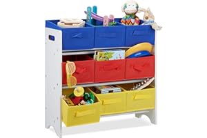 Relaxdays Estantería Infantil con Cajas, Cestas Plegables, Tubos de Metal, MDF, 62x63x28 cm, Blanco/Multi-Color