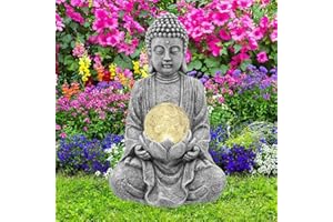 Goodeco Meditating Buddha Ornament with Solar Light,Zen Solar Garden Buddha Statue with Cracked glass ball sculpture-Indoor/Outdoor Decor Gifts for Balcony,Garden,Patio, Porch Yard Art,26.5cm(Grey)