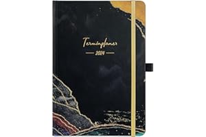 ARTFAN Kalender 2024 - Terminplaner 2024 von Januar 2024 bis Dezember 2024, Wochenplaner A5 mit Einstecktasche, Stiftschlaufe, Gummiband, 21.3 x 14.7cm - schwarz und gold