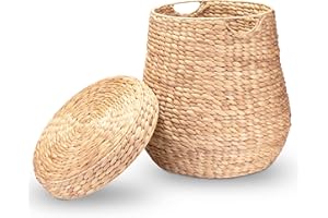 Decorasian Panier à linge tressé avec couvercle - Grand et rond - Grand panier en jacinthe d'eau avec anse - Panier à linge en rotin avec poignée - Rangement - 44 cm