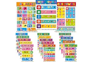 GETHELUD 17 English Phonics Posters, Language Education Charts, Learning Vowels, Alphabet Posters, PET Film Covered Phonics Learning Tool For Kindergarten Classroom, Bulletin Board, Kids’ Room, 11”x16”