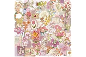 AOMZKOL Die-Cut Floral Stickers (50pcs) - Transparent Gold Foil Scrapbook Supplies for Journaling, Card Making, Vintage Paper Crafts